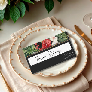 Tropical flower and leaves dark wedding place card