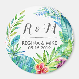 Tropical Flower and Leaves Wreath Spring Wedding Magnet