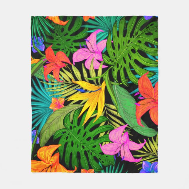 Tropical flower and palm leaf Hawaiian colourful  Fleece Blanket (Front)