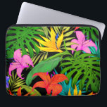 Tropical flower and palm leaf Hawaiian colourful Laptop Sleeve<br><div class="desc">A vibrantly coloured tropical print featuring tropical flowers and palm leaves on a black background. In colours of purple,  turquoise,  orange,  green and black.</div>