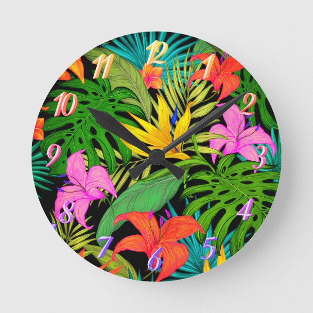 Tropical flower and palm leaf Hawaiian colourful Round Clock (Front)