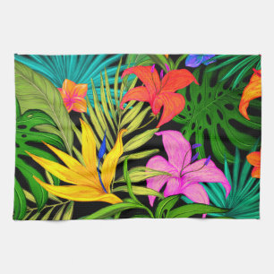 Tropical flower and palm leaf Hawaiian colourful Tea Towel