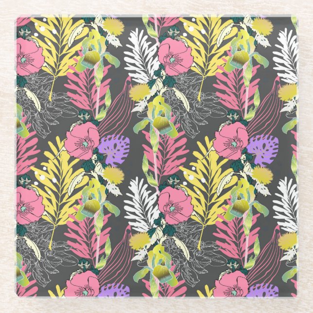 Tropical Flower Art: Original Pattern. Glass Coaster (Front)