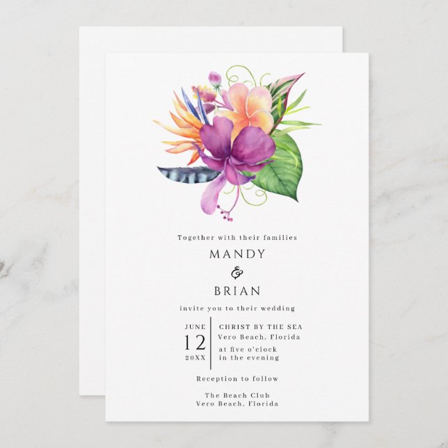 Tropical Flower Beach Island Wedding Invitation (Front/Back)