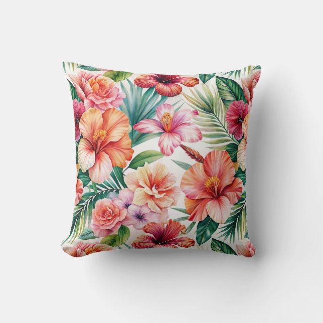 Tropical Flower Bliss Red Pink Orange Throw Pillow (Front)