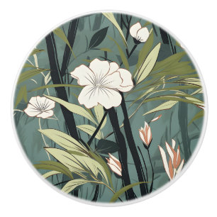 Tropical Flower Chinoiserie Asian Dusty Teal Print Ceramic Knob