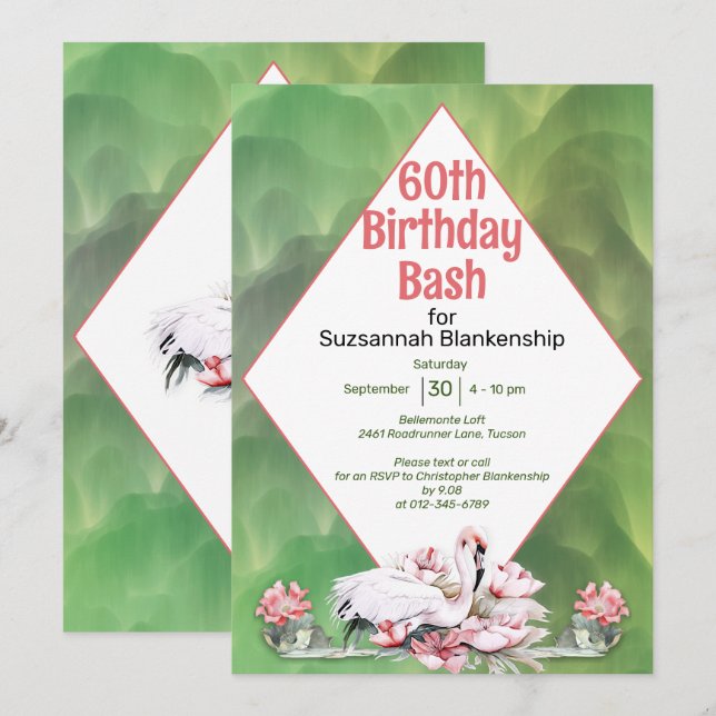 Tropical Flower & Flamingo Custom Celebration Invitation (Front/Back)