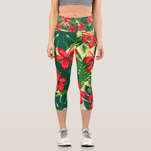 Tropical flower hibiscis funky floral art capri leggings