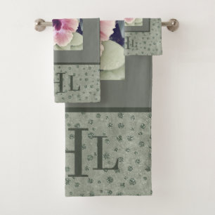 Tropical Flower in Sage Green & Leopard Print Bath Towel Set