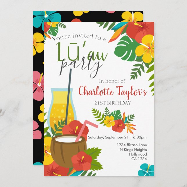Tropical Flower Luau Party Invitation (Front/Back)