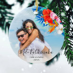 Tropical Flower Mele Kalikimaka Christmas Photo Ceramic Ornament<br><div class="desc">Hawaiian style christmas ornament featuring a photograph of your choice,  vibriant colourful tropical flowers and foliage,  the Hawaiian Christmas greeting 'Mele Kalikimaka' in elegant calligraphy script typography,  your name/s and the year.</div>