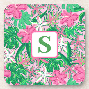 Tropical Flower Monogram Pink White Green Preppy Coaster
