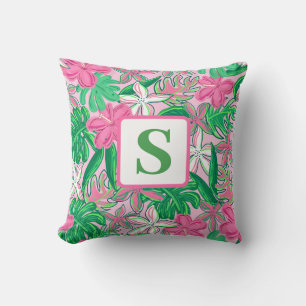 Tropical Flower Monogram Pink White Green Preppy Cushion