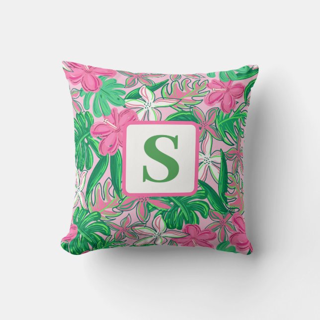 Tropical Flower Monogram Pink White Green Preppy Cushion (Front)