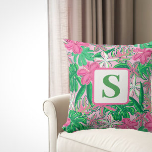 Tropical Flower Monogram Pink White Green Preppy Cushion