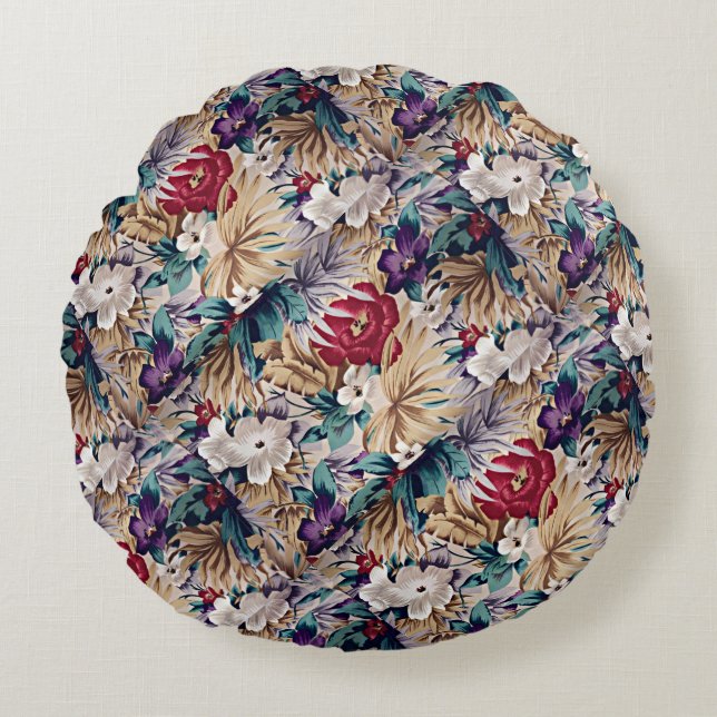 Tropical Flower Pattern in Soft Colours Round Cushion (Front)