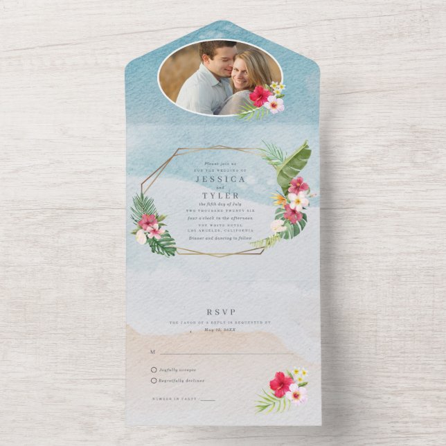 Tropical Flower Photo Beach Wedding All In One Invitation (Inside)