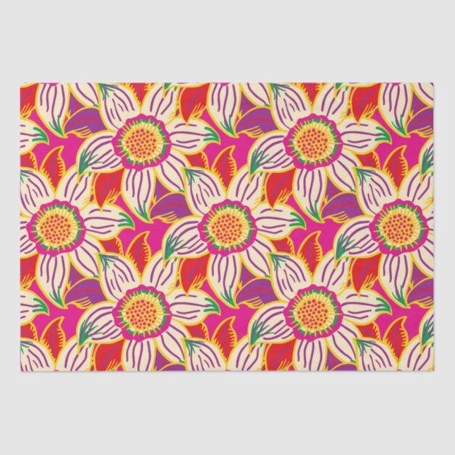 Tropical Flower Pink Orange Hand Drawn Pattern Tissue Paper (Front)