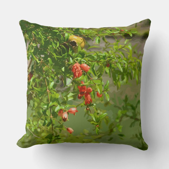 Tropical Flower Print Green Orange Floral Design Cushion (Front)