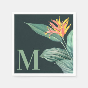 Tropical Flower Sage Leaves on Dark Teal Green Napkin