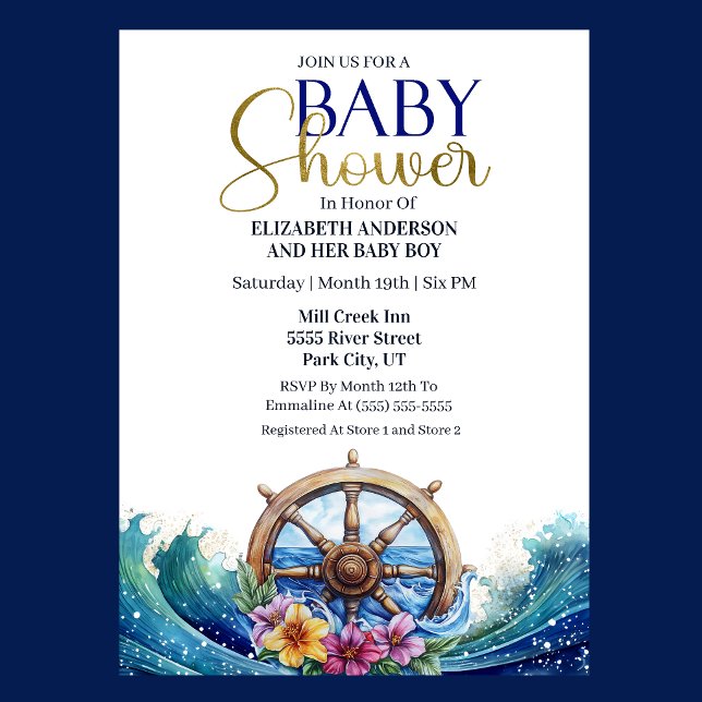 Tropical Flower Sailing Wheel Boy Baby Shower Invitation (Nautical Baby Shower invitation with ship wheel, ocean waves, and tropical flowers )