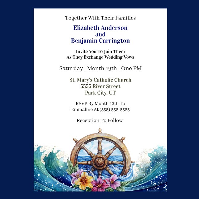 Tropical Flower Sailing Wheel Nautical Wedding Invitation (Nautical wedding invitation with ship wheel, ocean waves, and tropical flowers )