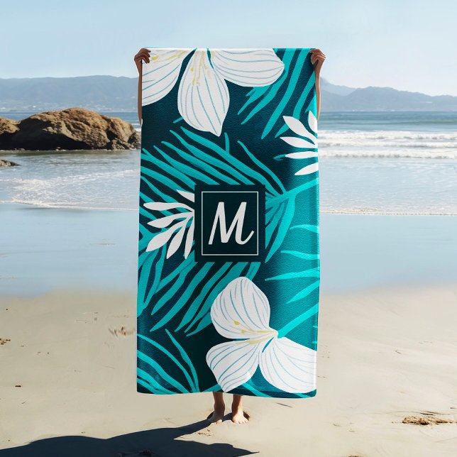 Tropical Flower Script Monogram  Beach Towel (Creator Uploaded)