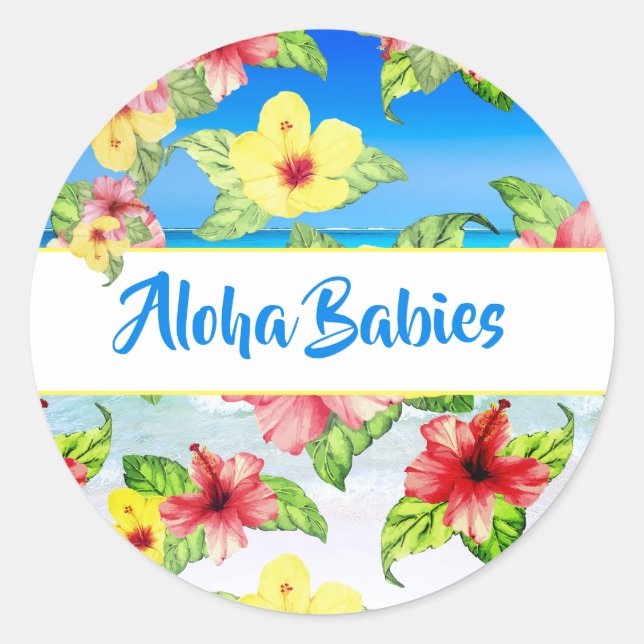 Tropical Flower Twins Aloha Baby Shower Beach Classic Round Sticker (Front)