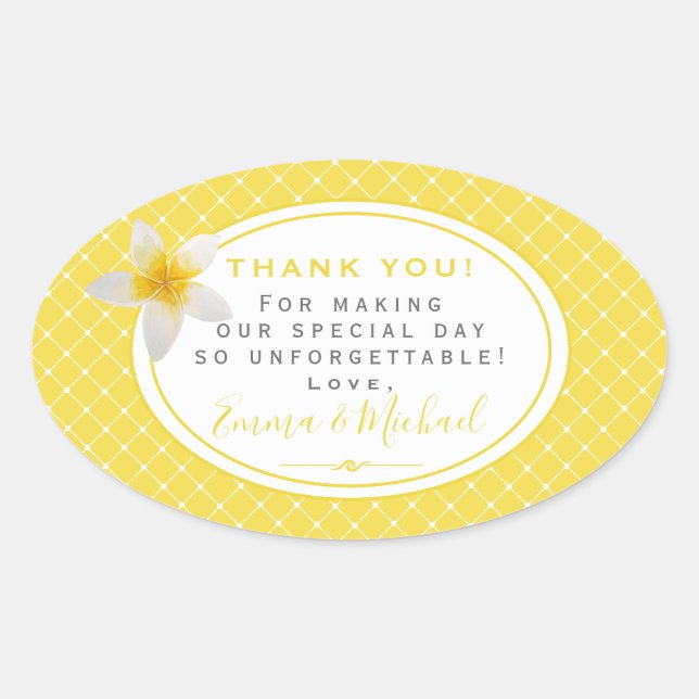 Tropical Flower & Yellow Trellis Thank You Wedding Oval Sticker (Front)