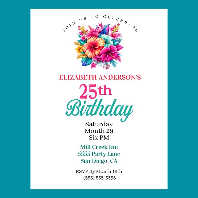 Tropical Flowers 25th Birthday Invitation (Tropical Flowers 25th Birthday Invitation For Women.  )
