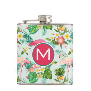 Tropical Flowers And Birds Add Your Initial Hip Flask