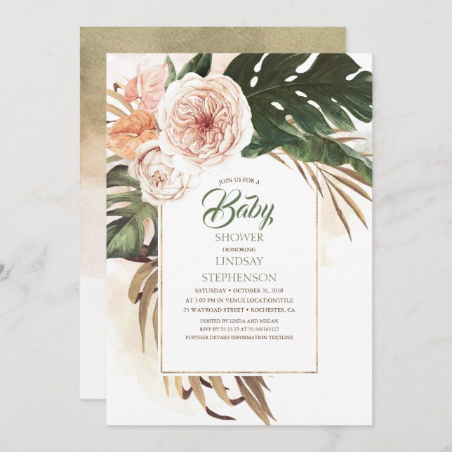Tropical Flowers and Dried Palm Leaf Baby Shower Invitation (Front/Back)
