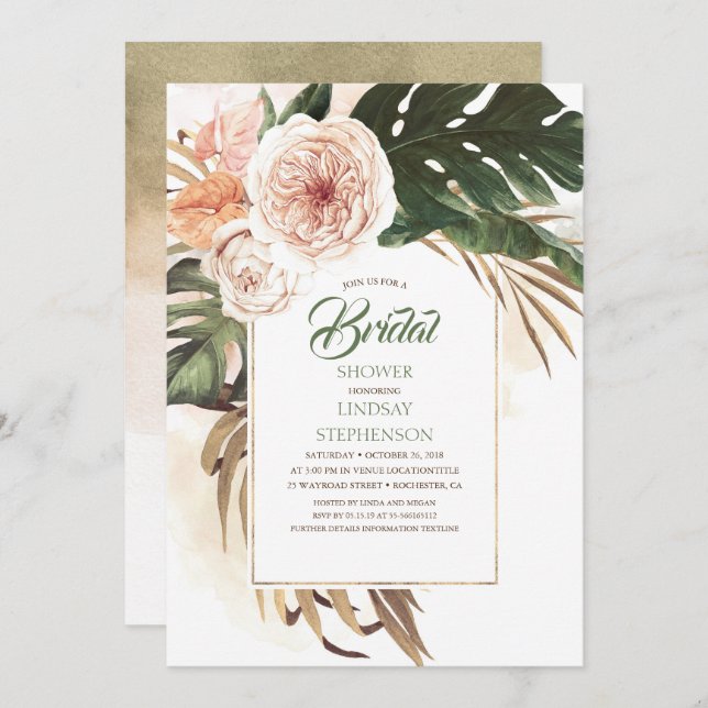Tropical Flowers and Dried Palm Leaf Bridal Shower Invitation (Front/Back)