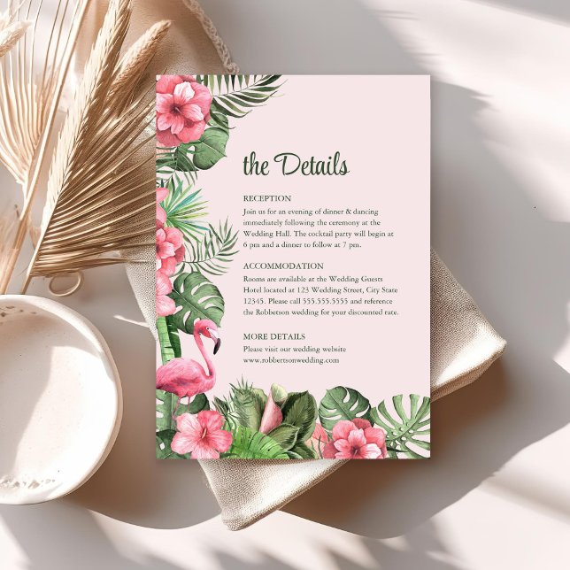 Tropical Flowers and Flamingo Wedding Details Card (Pink Tropical Flowers and Flamingo Wedding Details Card on sunny table with boho decor.)