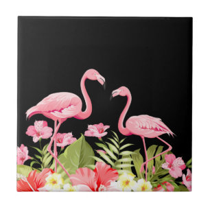 Tropical Flowers and Flamingos Design Ceramic Tile