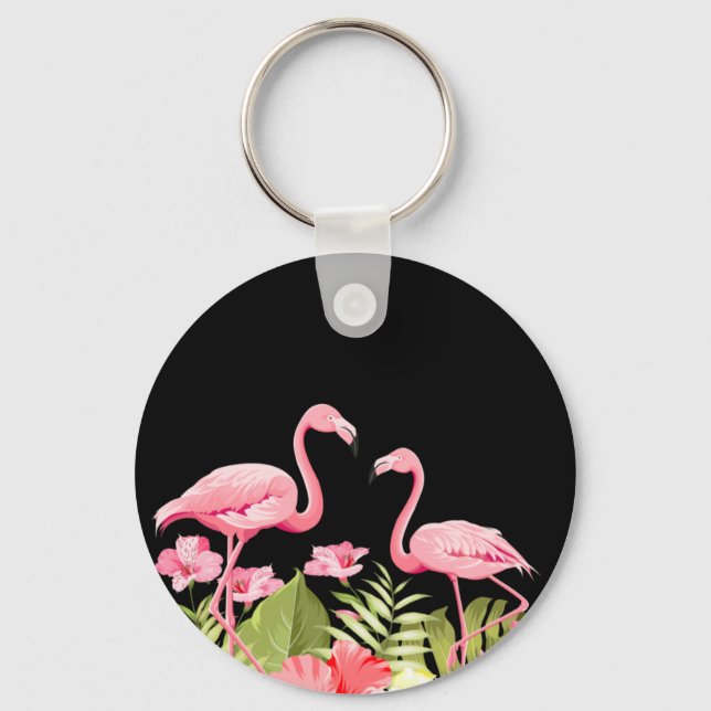 Tropical Flowers and Flamingos Design Key Ring (Front)