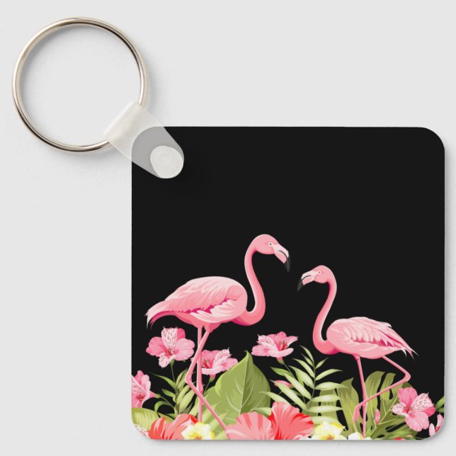 Tropical Flowers and Flamingos Design Key Ring (Front)