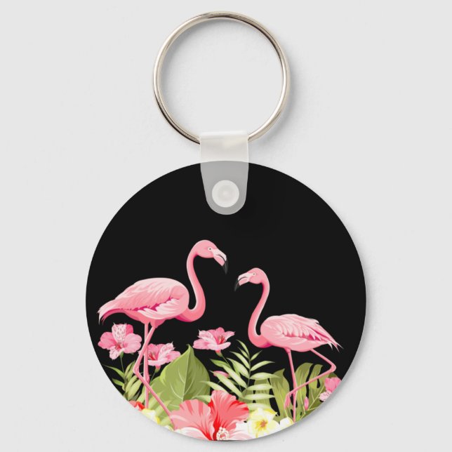 Tropical Flowers and Flamingos Design Key Ring (Front)