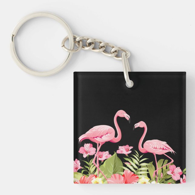 Tropical Flowers and Flamingos Design Key Ring (Front)