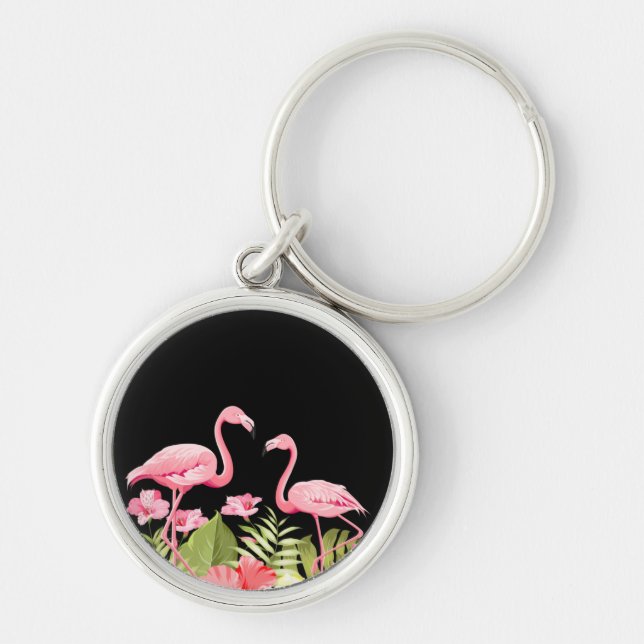 Tropical Flowers and Flamingos Design Key Ring (Front)