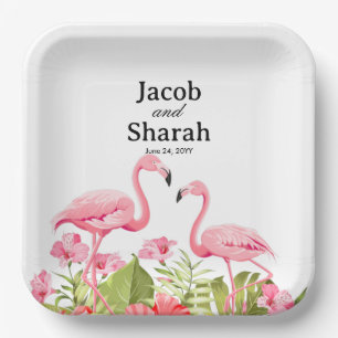 Tropical Flowers and Flamingos Design Paper Plate