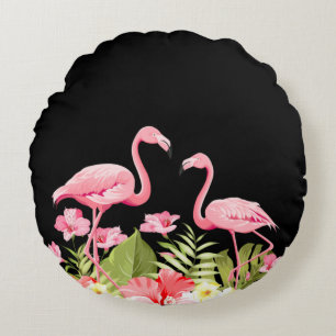 Tropical Flowers and Flamingos Design Round Cushion