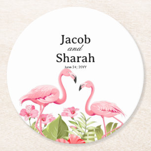 Tropical Flowers and Flamingos Design Round Paper Coaster