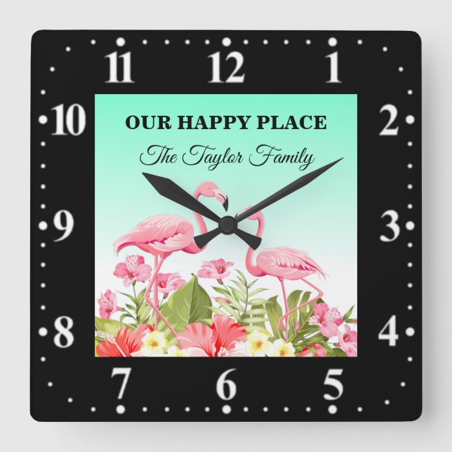 Tropical Flowers and Flamingos Design Square Wall Clock (Front)