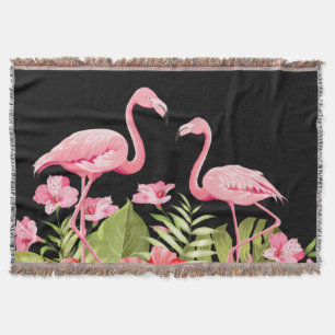 Tropical Flowers and Flamingos Design Throw Blanket