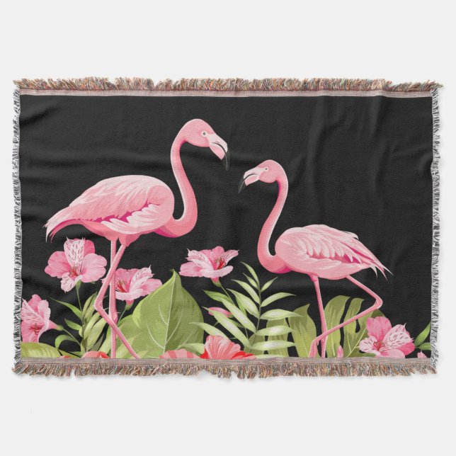 Tropical Flowers and Flamingos Design Throw Blanket (Front)