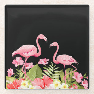 Tropical Flowers And Flamingos Glass Coaster