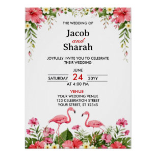 Tropical Flowers and Flamingos Wedding Template Poster