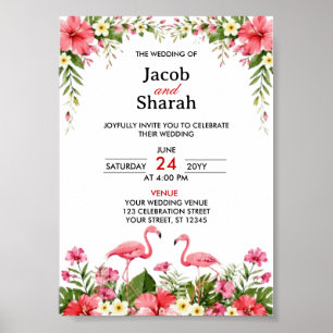 Tropical Flowers and Flamingos Wedding Template  Poster