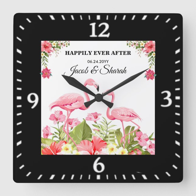 Tropical Flowers and Flamingos Wedding Template Square Wall Clock (Front)